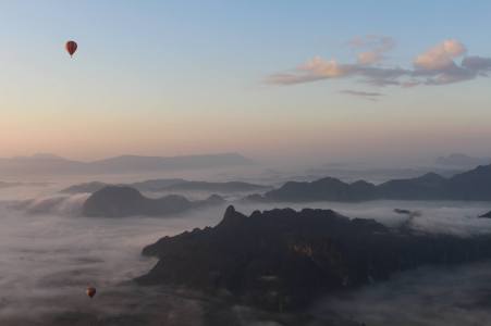 The view of Vang Vieng in Laos, from a hot air balloon